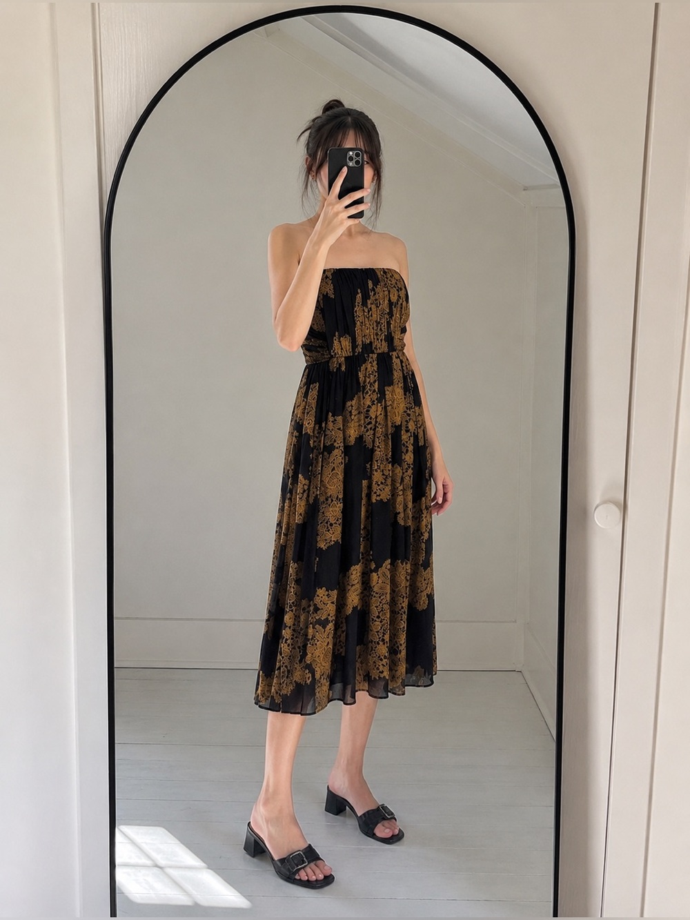 Tibi 100% Silk Strapless Midi Dress Black Gold Evening Resort Size 2